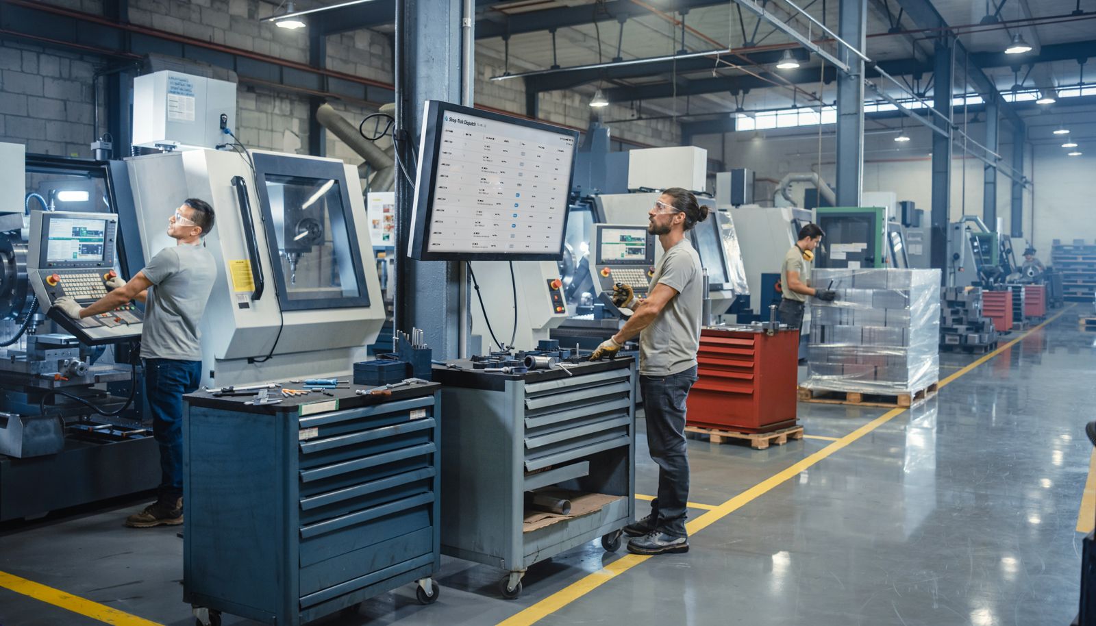 A machine shop floor: operators at CNC machines with the job on the screen beside them